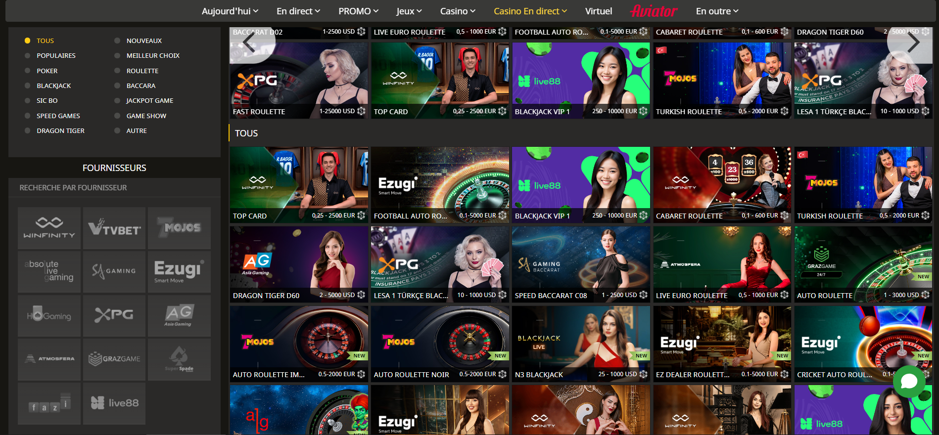 Lobby de jeux et menu de pari de AfroPari Lobby de jeux et menu de pari de AfroPari